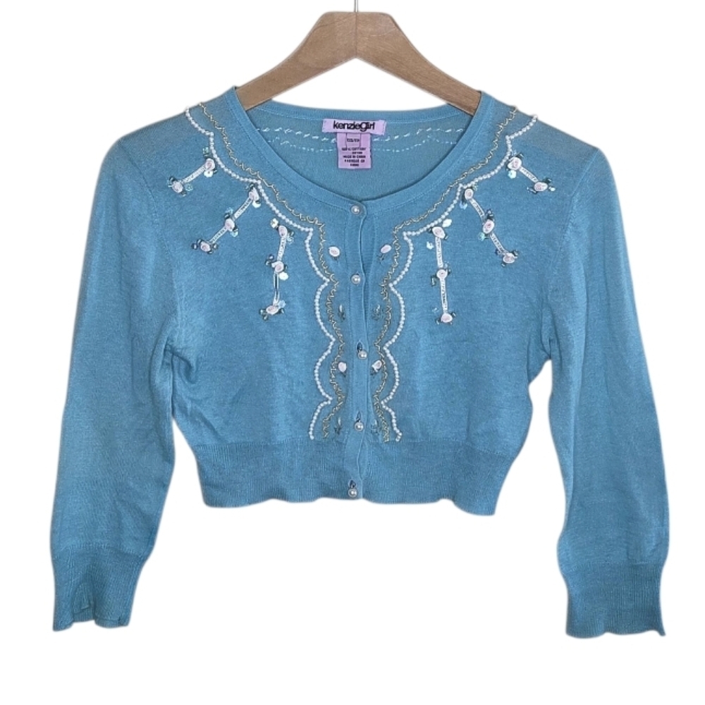 Y2K Kenzie Girl | Blue Embellished Cropped Shrug Cardigan Sweater Size XXS